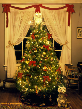 Decorated Christmas Tree Displays in Window, Oregon, USA