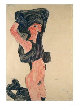 Egon Schiele Girl Kneeling with Her Dress Hitched Up