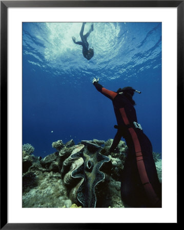A Diver on the Sea Floor Gestures to Another Diver Who is Descending: Framed Art Print
